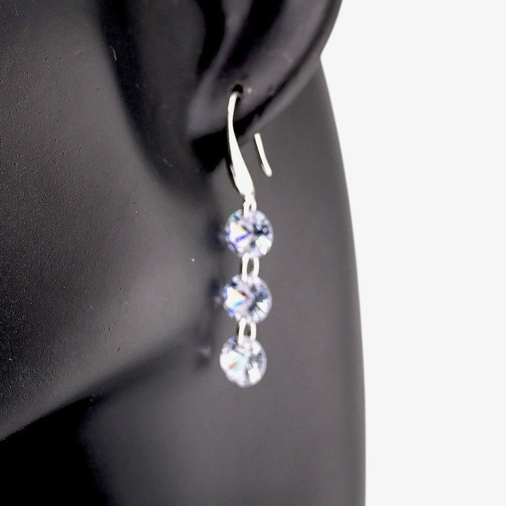 Swarovski Elements Triple Crystal Rivoli Drop Earrings Silver Tone Dangle New